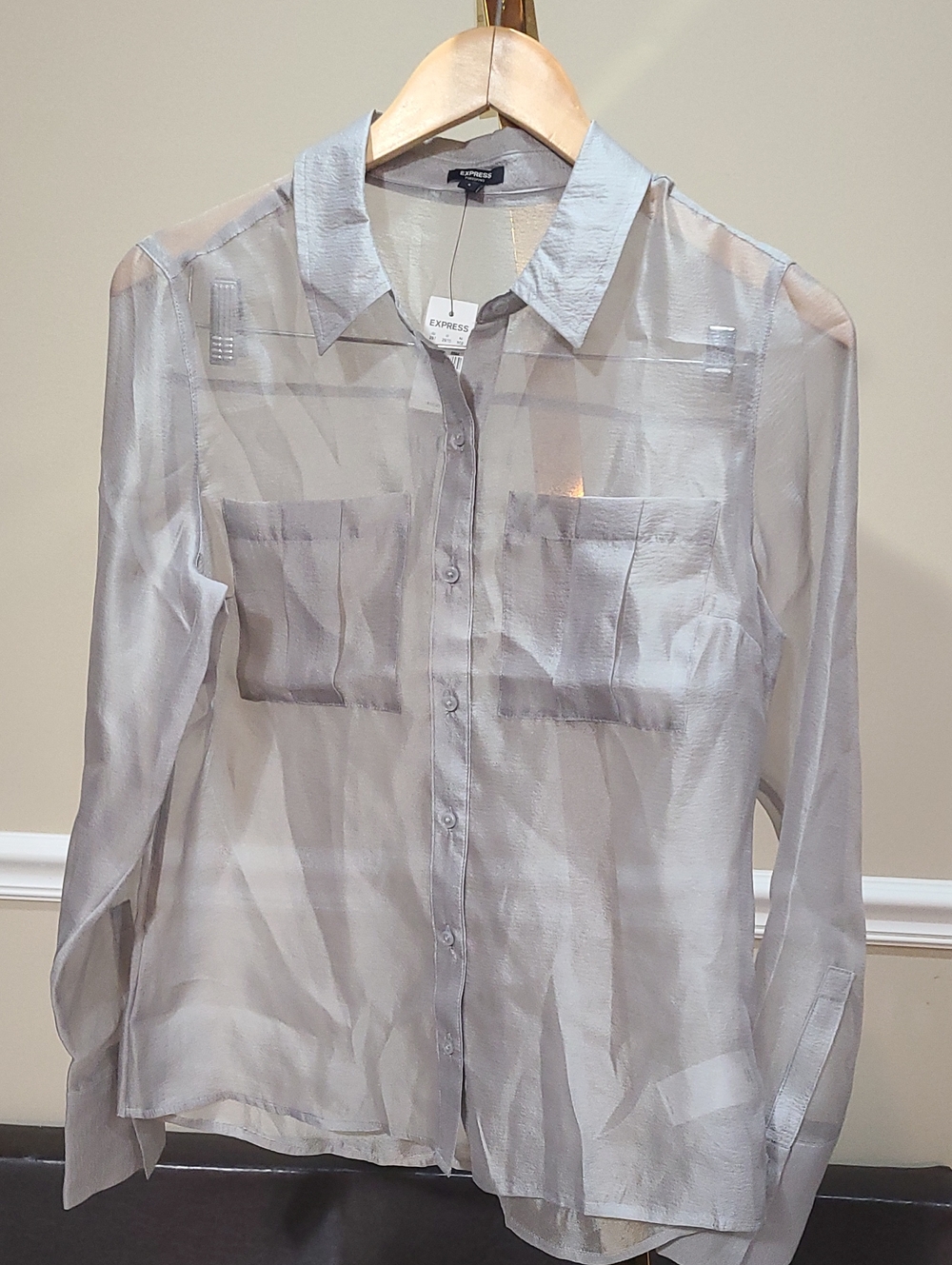 Express Portofino Size Small Sheer Button-Up Blouse in Light Gray